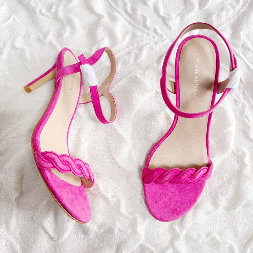 Stuart Weitzman Pink Suede Braided Strap Stiletto Sandals